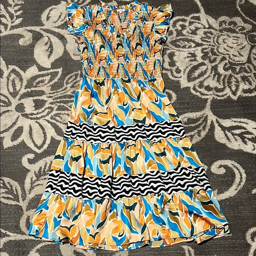 Voy Blue and Orange Tiered Ruffled dress new boutique dress